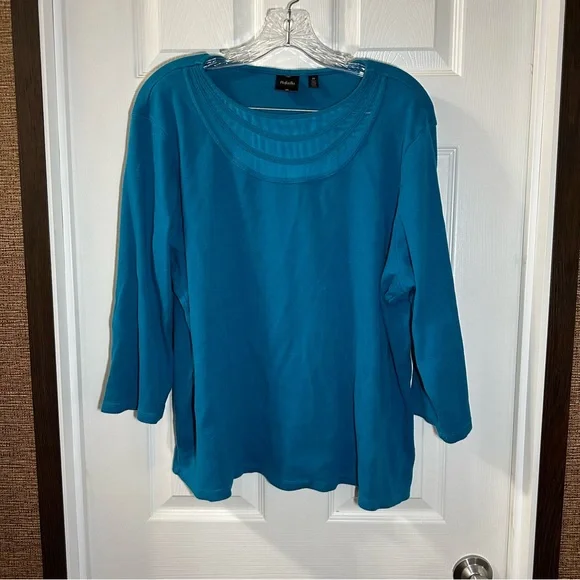 Rafaella Blue/Teal Knit Scoop Neck 3/4 Sleeve Blouse 3X - Picture 1 of 8